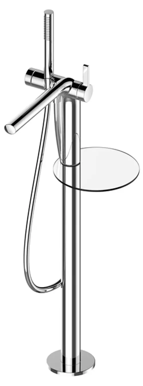 Freistehender Wannenmischer in verchromter Oberfläche von Keuco, mit Handbrause und Ablagefläche. Ideal für moderne Badezimmer.